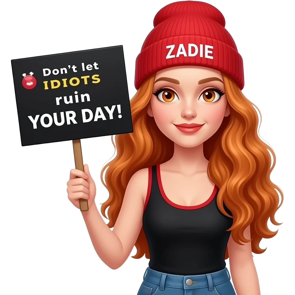 sexy girl with overlong wavy ginger hair and ginger eyes wearing a black red tanktop and a red beanie with ZADIE written on it, is holding a black sign with Don't let IDIOTS ruin YOUR DAY! written on it emoji