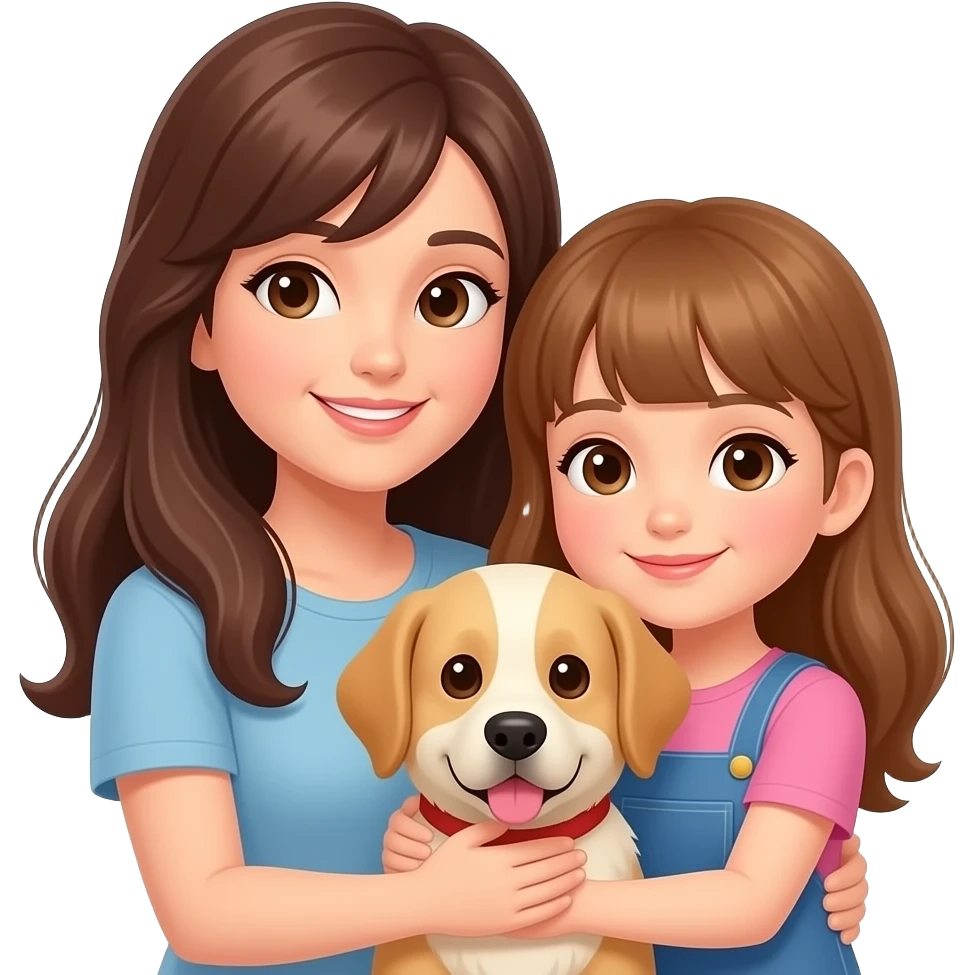 mamma con frangettae capelli lunghi e una figlia adulta ciuffo al lato capelli marrone chiaro e occhi marrone abbracciate ad una cagnolina beige emoji