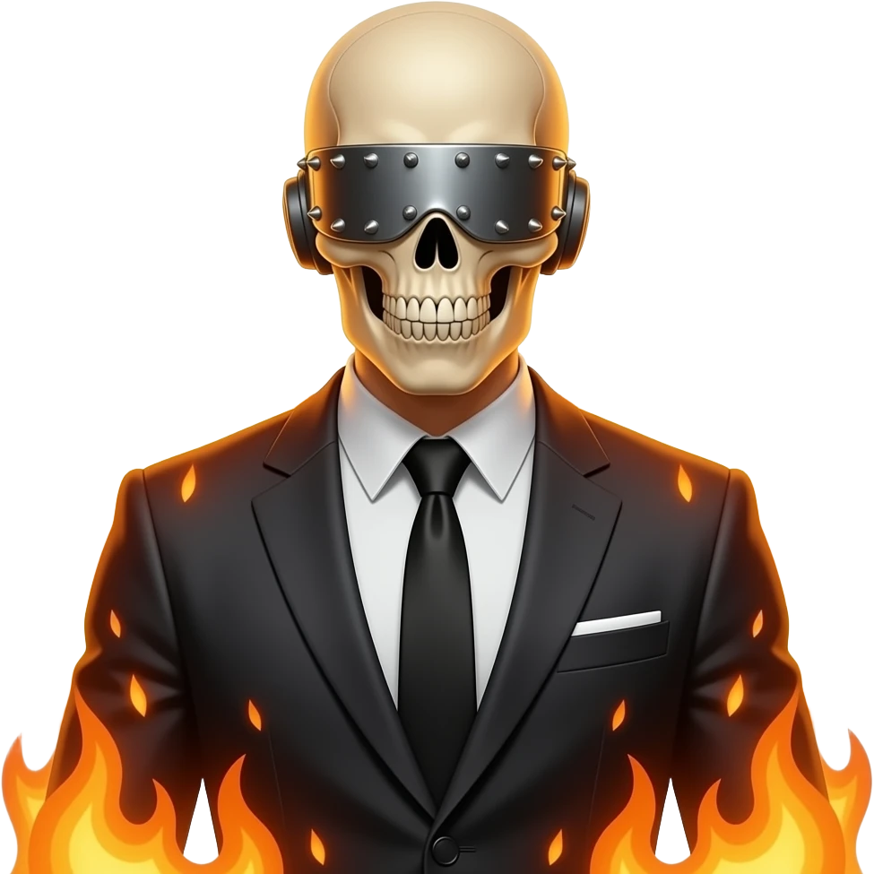 a skeletal figure wearing a suit. His eyes are covered by a riveted-on visor, his mouth is clamped shut and his ears capped. He stands ready to fight. His suit has a warm glow as if surrounded by fire emoji