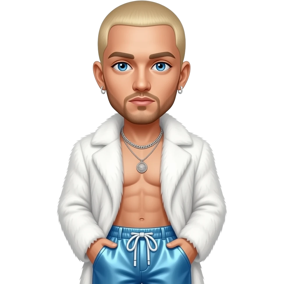 Eminem with blue eyes, blonde buzz cut hair, white fur coat, baby blue metallic baggy pants, shirtless with necklace and earrings emoji