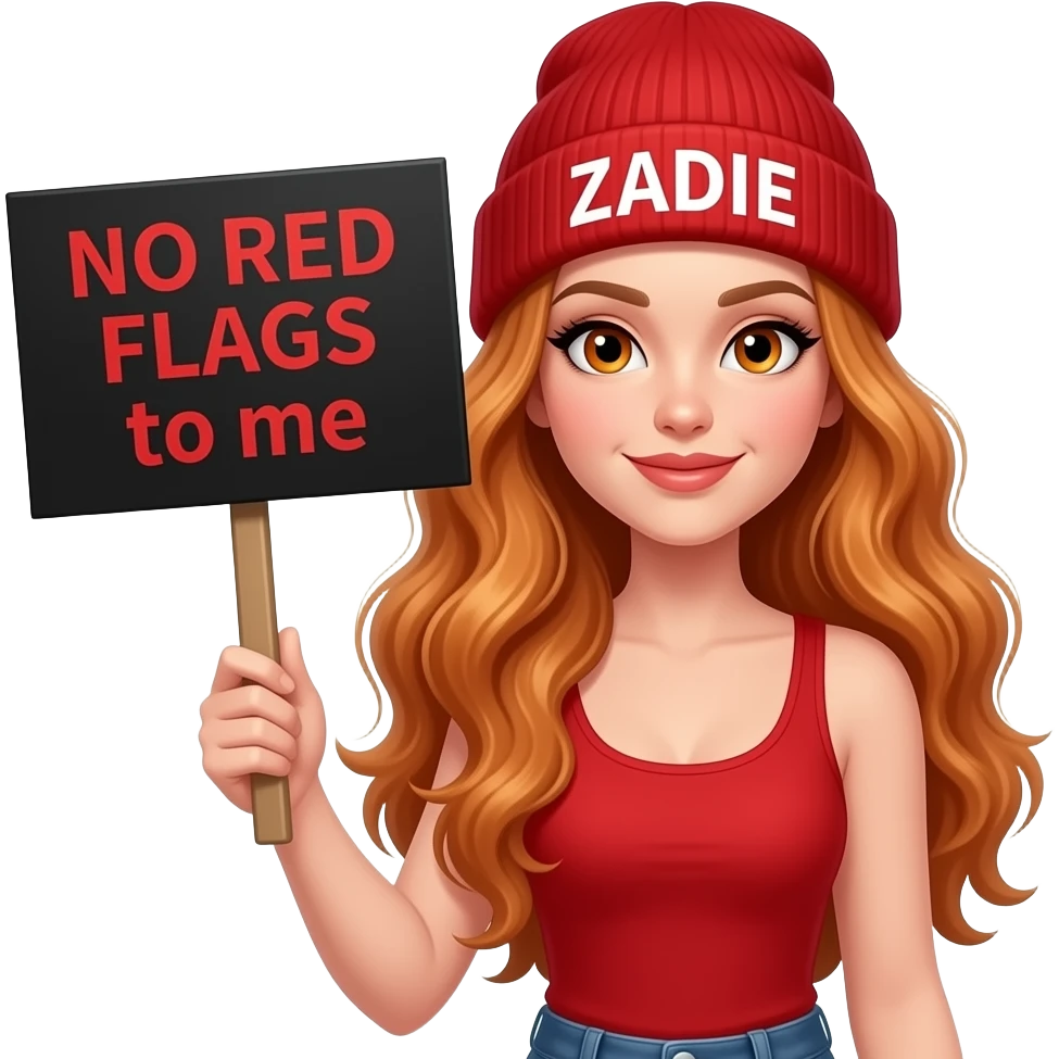 sexy girl with overlong wavy ginger hair and ginger eyes wearing a red tanktop and a red beanie with ZADIE written on it, is holding a black sign with NO RED FLAGS to me written on it emoji