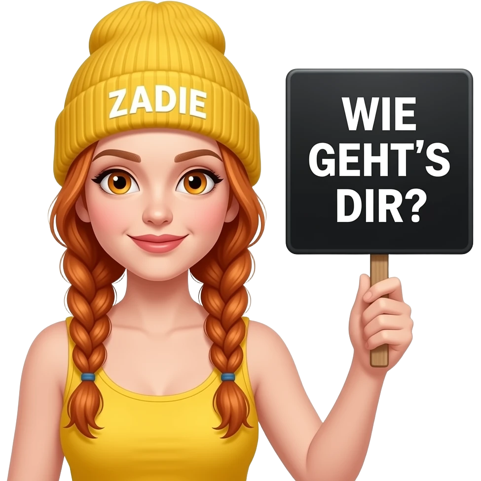 sexy girl with overlong ginger braids and ginger eyes wearing a yellow tanktop and a yellow beanie with ZADIE written on it, is holding a black sign with WIE GEHT'S DIR? written on it emoji
