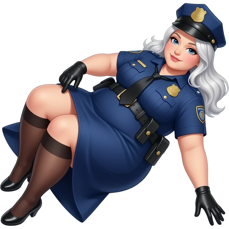 Anime extremely fat big booty a white hair female creature cosplaying police woman showing back her buttocks with her long fabric dark blue dress showing her left buttock naked and her right hand touch’s her buttstock with black gloves laying down back dead emoji