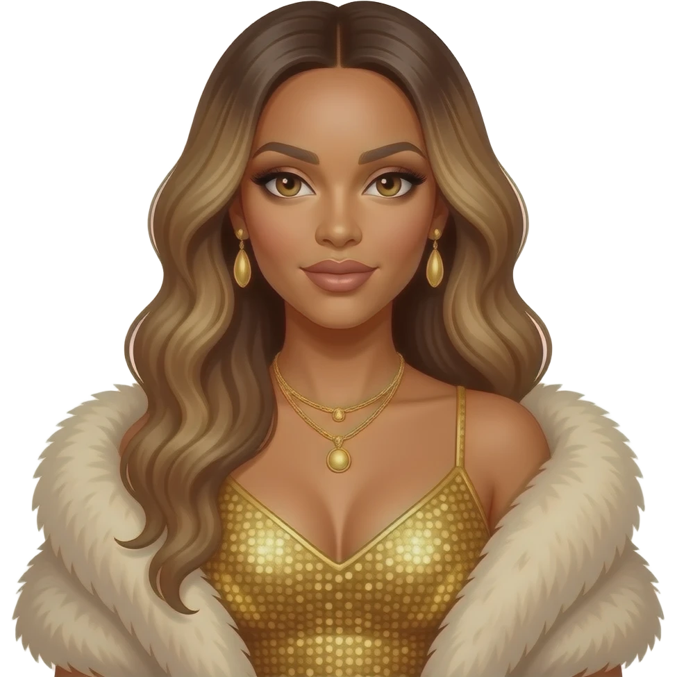 Beyonce with hazel eyes, long dark blonde hair, beige fur shawl, gold dress, necklace and earrings emoji