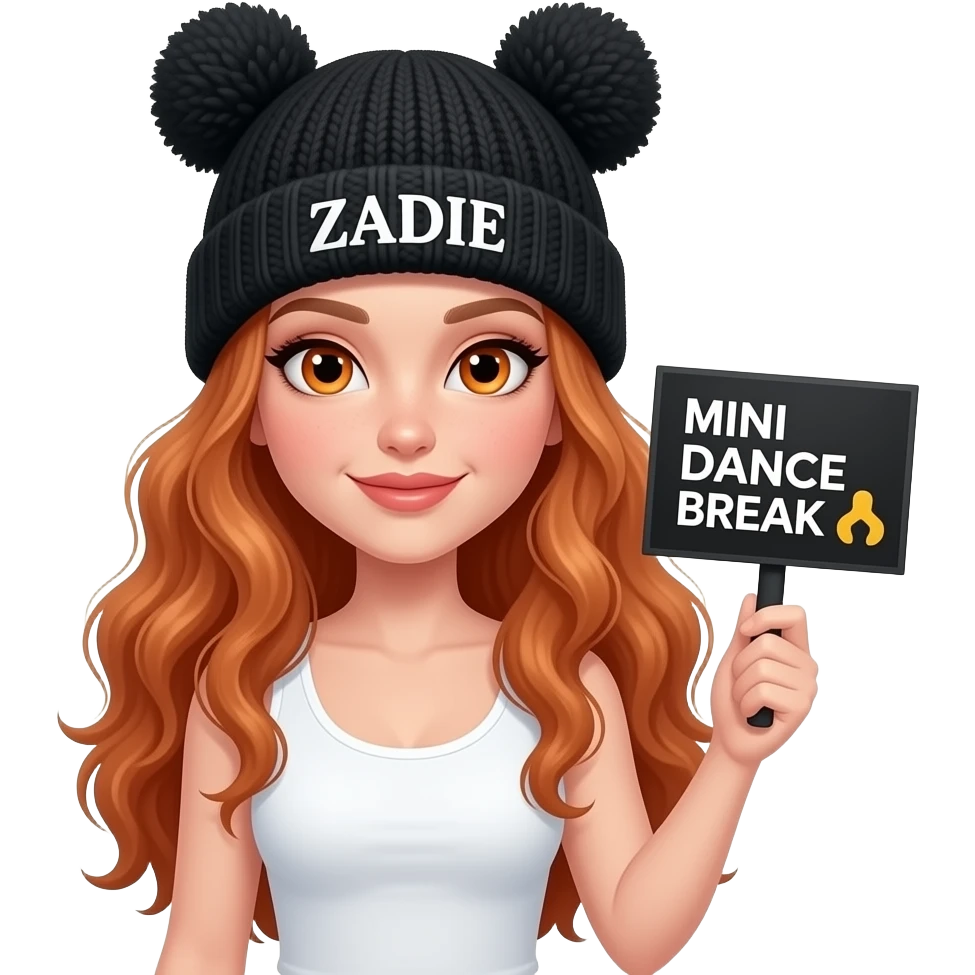 sexy girl with overlong wavy ginger hair and ginger eyes wearing a white tanktop and a black pom hat with ears with ZADIE written on it is holding a black sign with MINI DANCE BREAK  💃  on it emoji