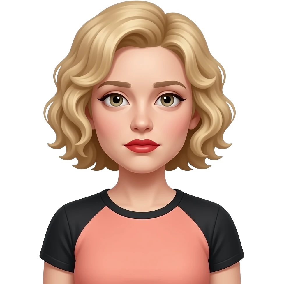Short curly blond hair side swept with a sick face, red lipstick and peach and black short sleeve emoji