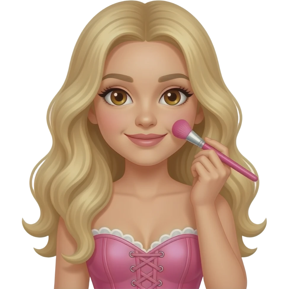 Menina loira de cabelo longo loiro ondulado e olhos castanhos se maquiando com pincel rosa e usando um corset estilo sabrina carpenter rosa bb emoji