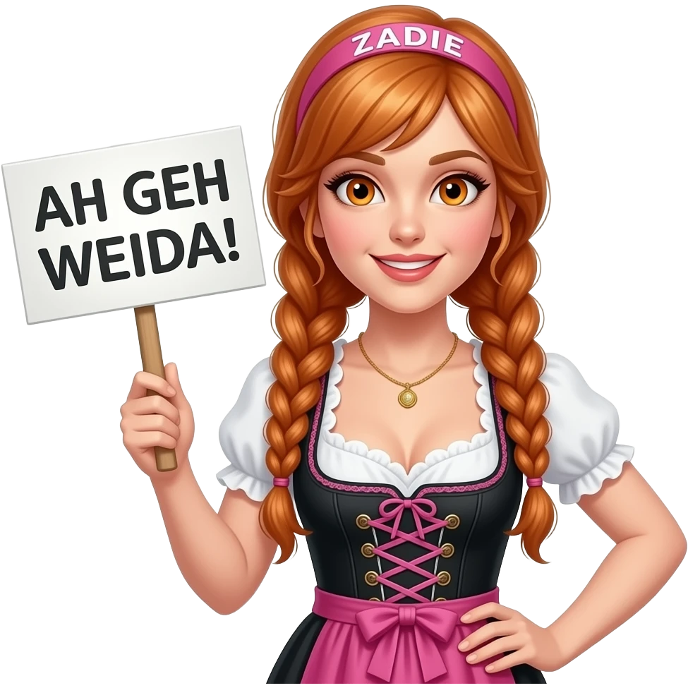 sexy girl with overlong ginger braids and ginger eyes wearing a black pink dirndl and a pink headband with ZADIE written on it, is holding a sign with AH GEH WEIDA! written on it emoji