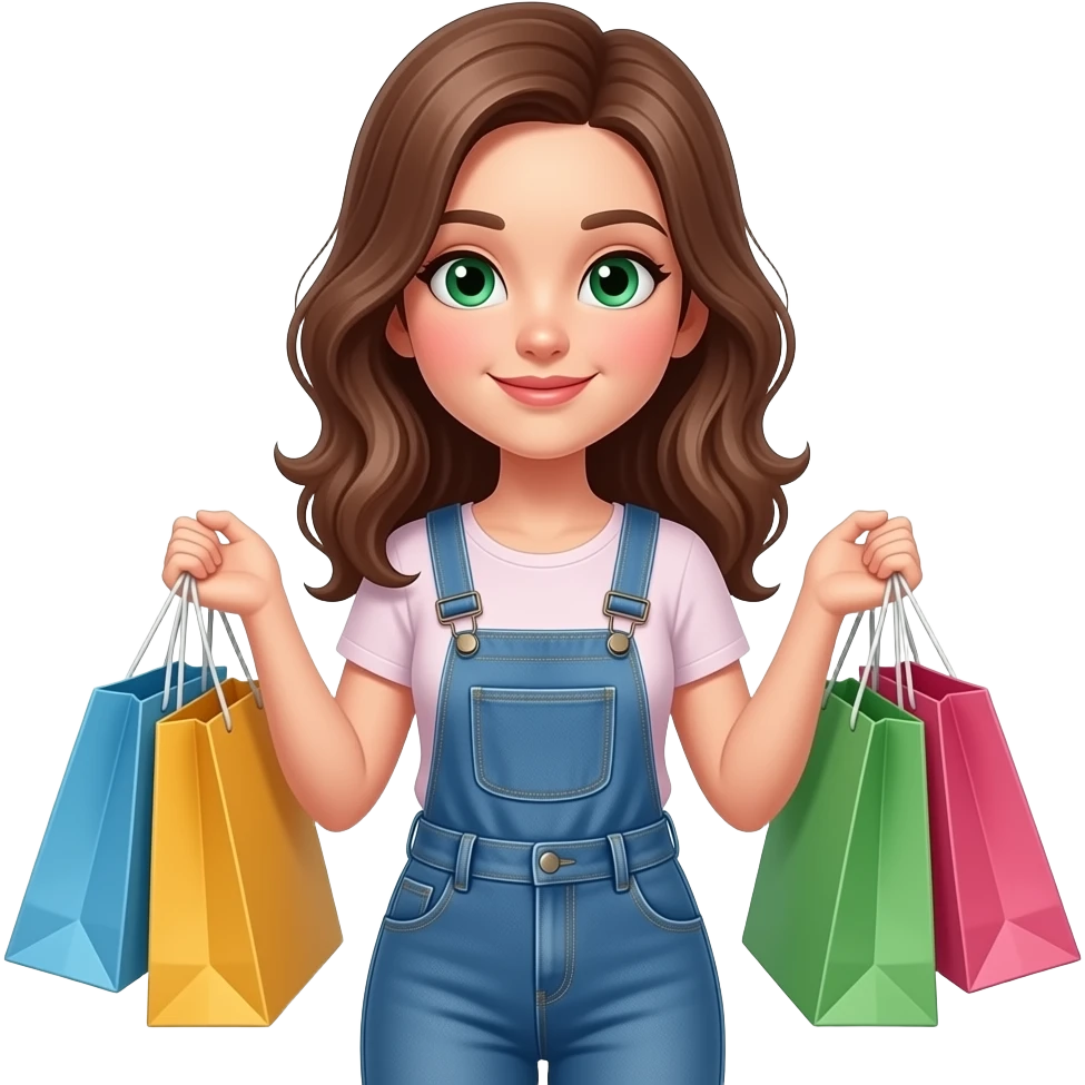 shopping girl with brown hair and green eyes holding shopping bags emoji