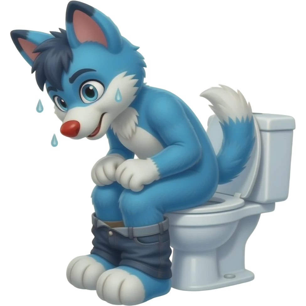 blue fursuit sitting on toilet, side view, pants down,  straining, red face, sweating emoji