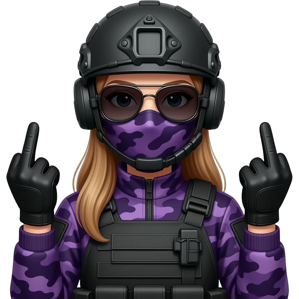 Woman with long hair in large black aviator sunglasses dark purple camoflage tactical gear helmet and mask giving the finger two times in black gloves emoji