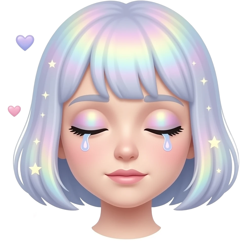Sleepy kawaii emoji with glossy droopy eyes, pastel holographic glow, tiny floating stars and hearts, dreamy soft lighting, cute emoji sticker aesthetic emoji