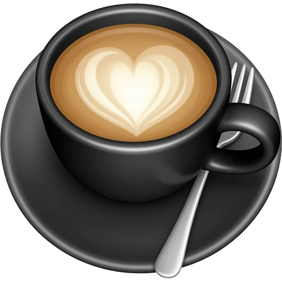 black coffee cup with beige heart foam, cute emoji emoji