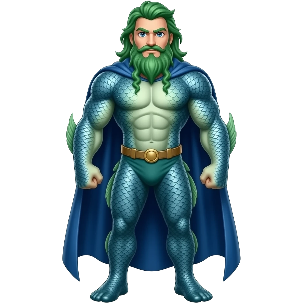 Superhero sea king all fish skin green gills on top hair very tall with gills blue eyes full body emoji