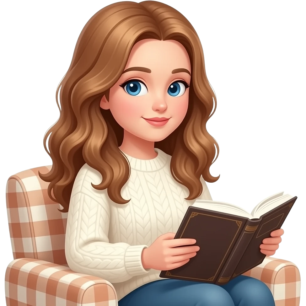 Детальная иллюстрация эмодзи: женщина с длинными светло-коричневыми волнистыми волосами и голубыми глазами читает книгу глаза смотрят в книгу вид чуть сбоку, девушка одета в молочный свитер сидит в уютном кресле в клетку emoji