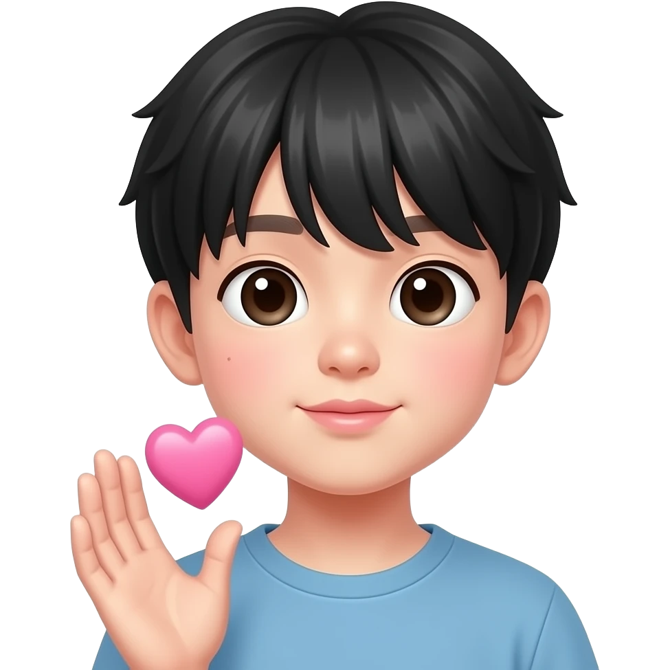 Sending kiss Cute Korean boy emoji, soft black straight bangs, pale skin, 😘 blowing lips, gentle round eyes, subtle mole under right eye, sending a pink heart near lips, glossy 3D Pixar-style render, realistic Korean idol vibe, face and hand only emoji
