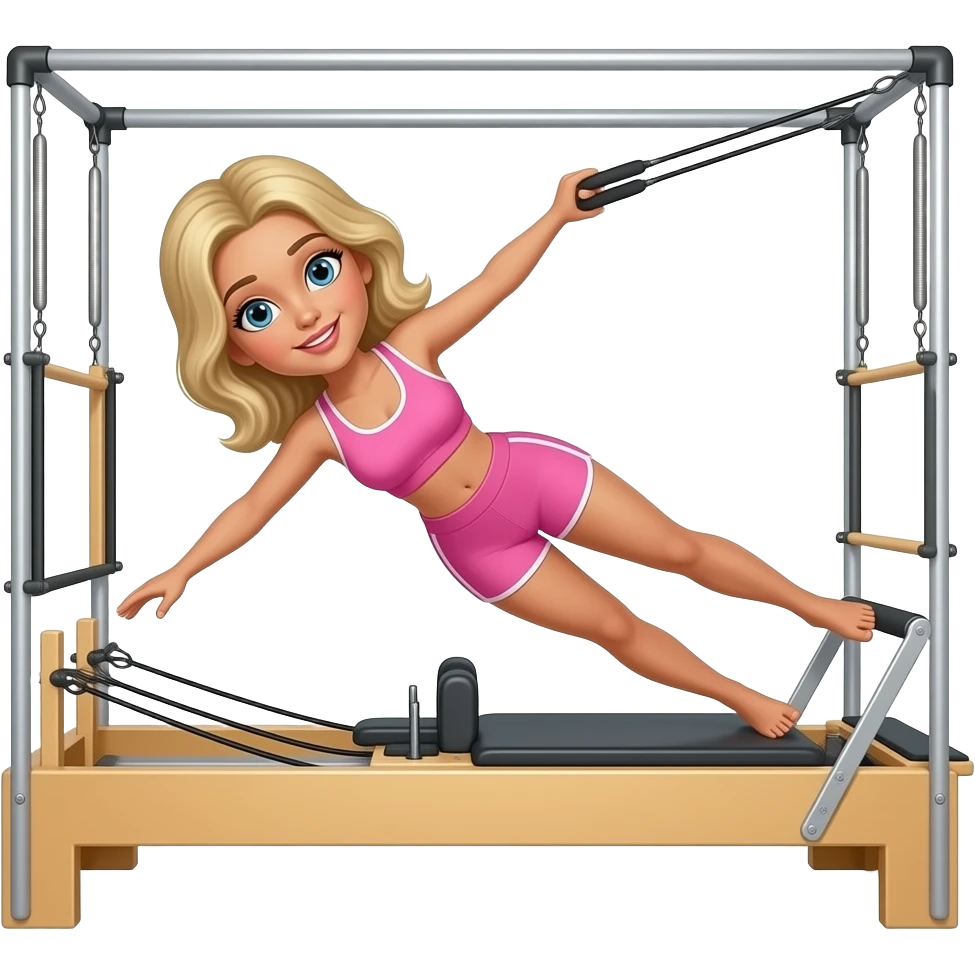 woman with light tanned skin, elbow length blond hair, wearing a pink sports bra and short, doing exercise on a Pilates reformer emoji