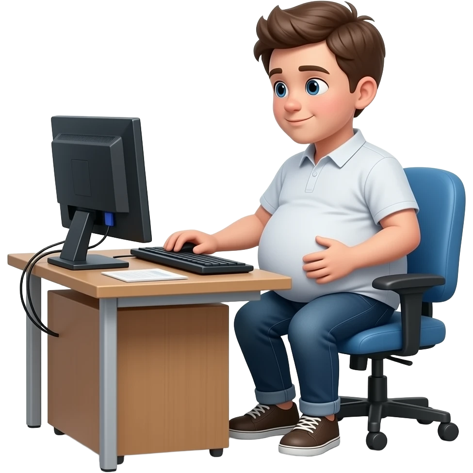 Chłopak ma 15 lat z bardzo bardzo dużym brzuchem brzuch ma kształt jak bardzo duża piłka w pracy biurze sieci nad komputerem emoji