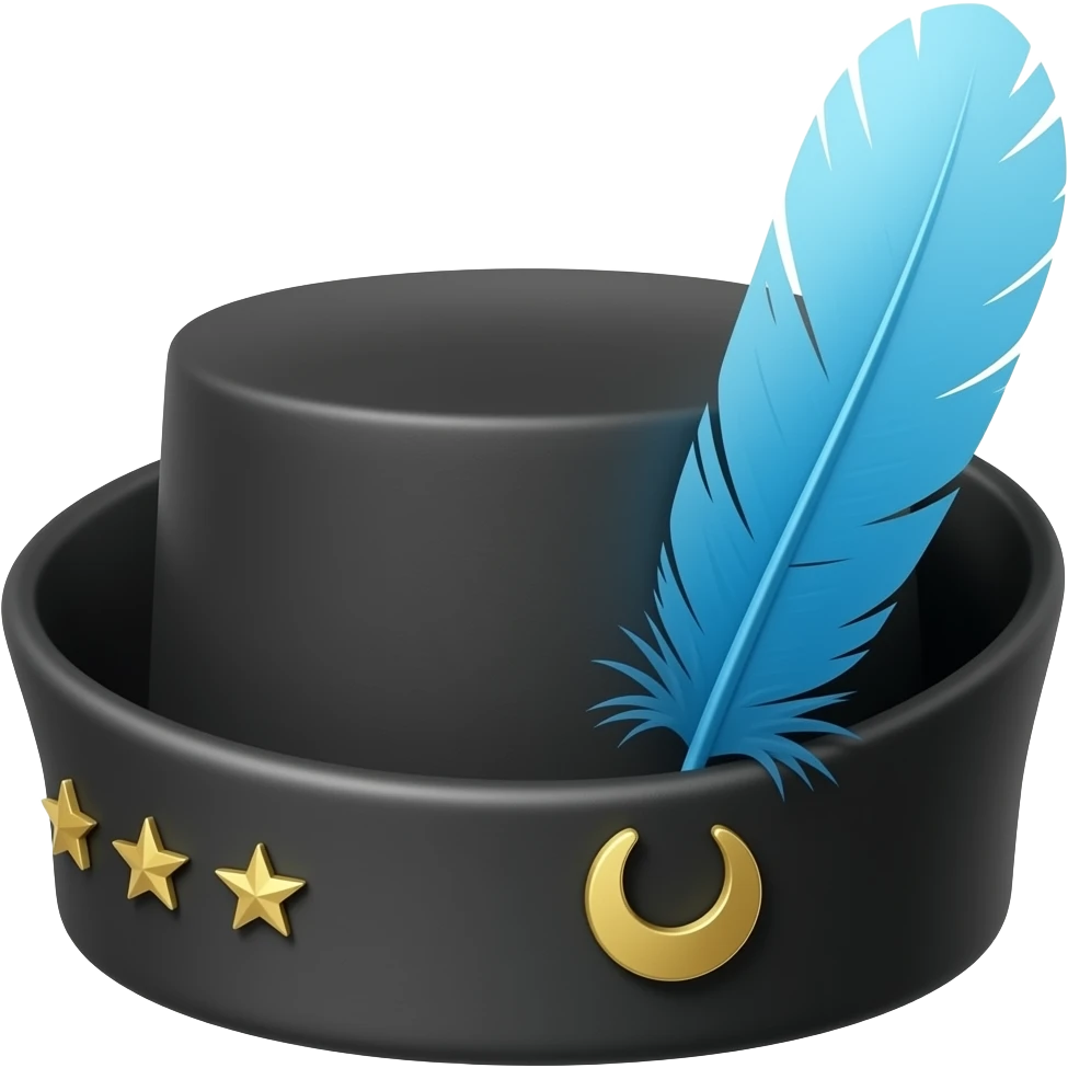 Black Breton Brixton hat with gold stars and crescent pins on the side, and a sky blue feather on the side pointing backwards emoji