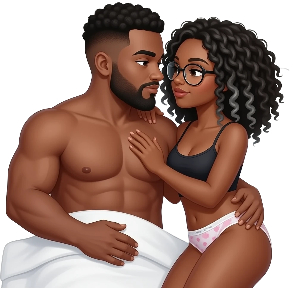 Black couple. Chubby, non muscular man with low curly cut and beard with some gray. Having sex with a Black woman with black locs (with some gray) and glasses in bed with just panties emoji