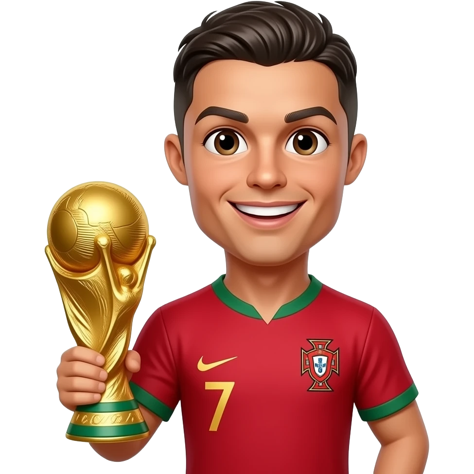 Cute man Cristiano Ronaldo, wearing Portugal national team jersey, holding the FIFA World Cup trophy, big happy smile, glossy 3D emoji sticker, kawaii style, white outline, transparent background, ultra detailed, high quality. emoji
