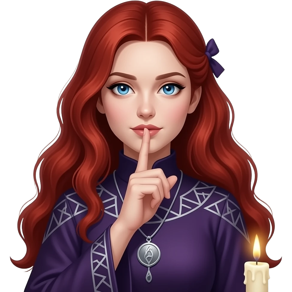 Female spellcaster portrait facing front, finger over lips in a silence gesture, piercing blue eyes, pale skin, red tied hair with loose front strand, dark purple robe with high collar, mysterious calm expression, dark fantasy card art style, centered composition emoji