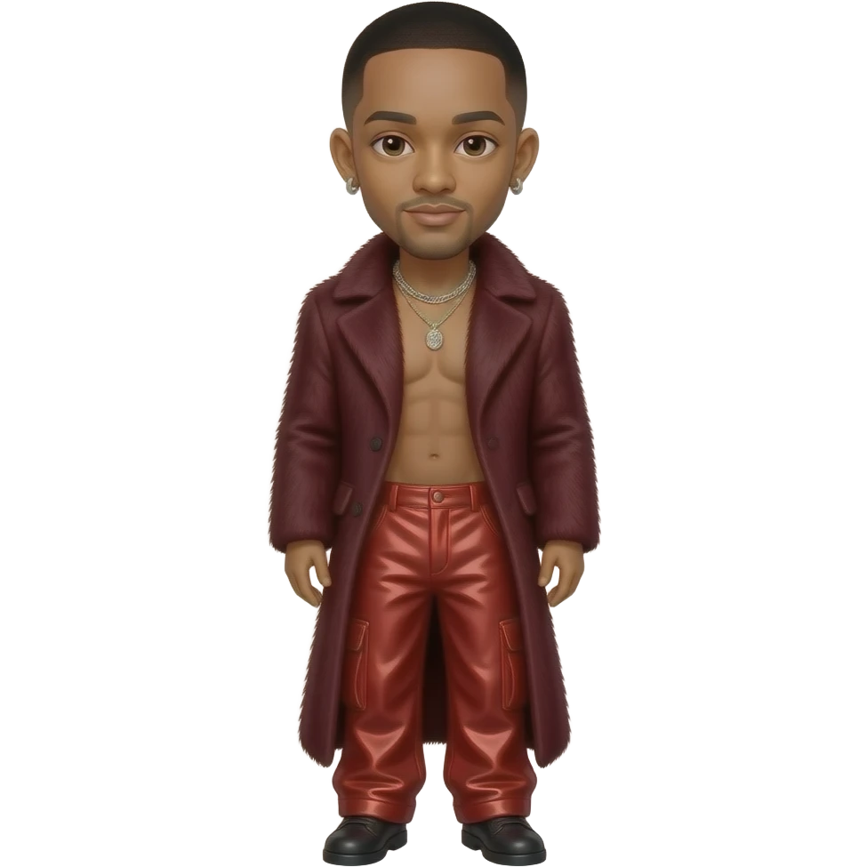 Jaden Smith with dark brown eyes, black buzz cut hair, maroon fur coat, crimson metallic baggy pants, shirtless with necklace and earrings emoji