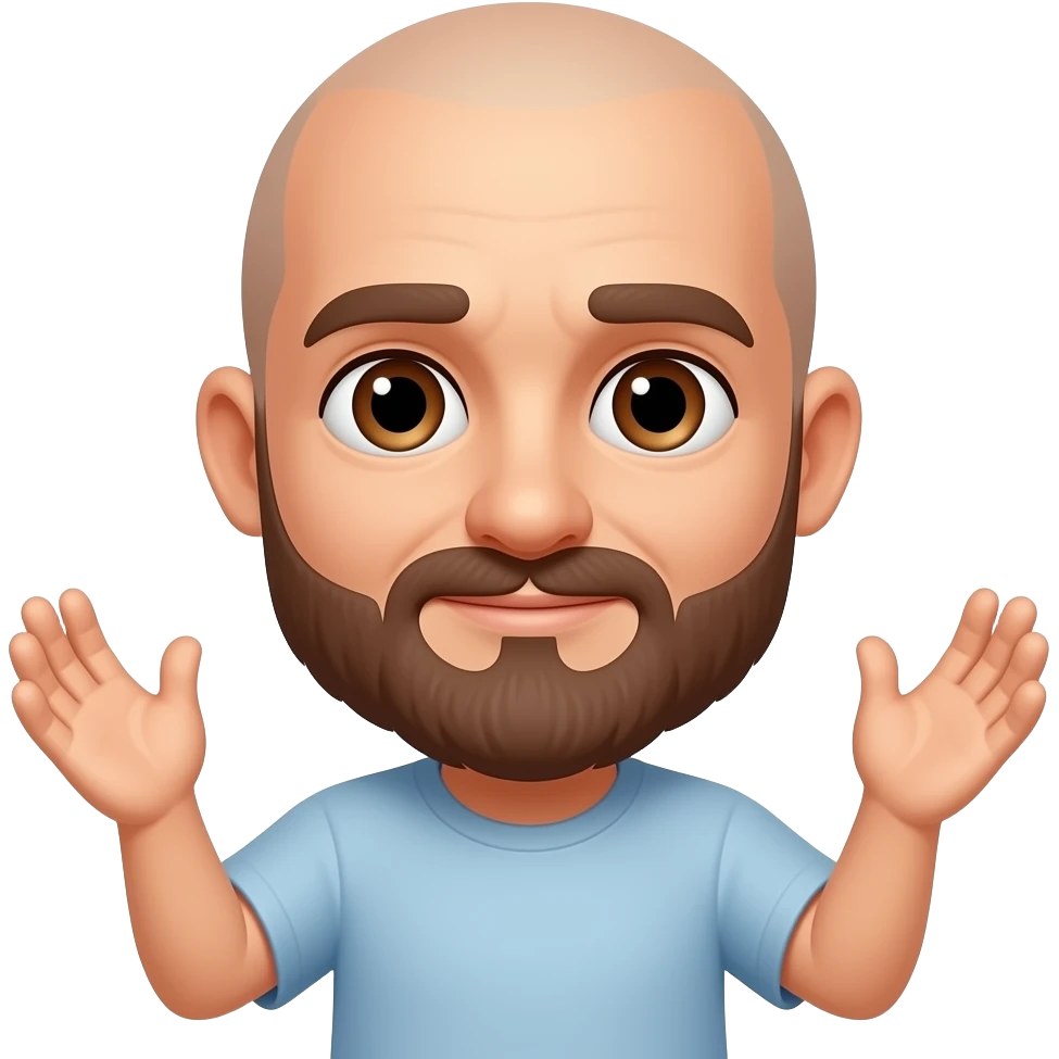 Bald guy with sweet brown eyes and brown beard shrugging palms up emoji