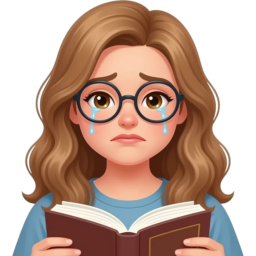 detailed emoji illustration of a curvy woman with long light brown wavy hair, light brown eyes and round glasses reading a book with tears in her eyes, emotional reading moment, cute emoji style emoji