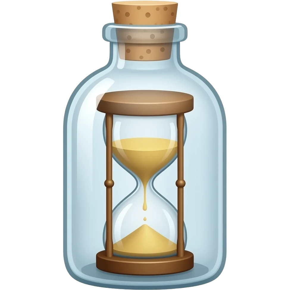 A glass bottle containing an hour glass emoji
