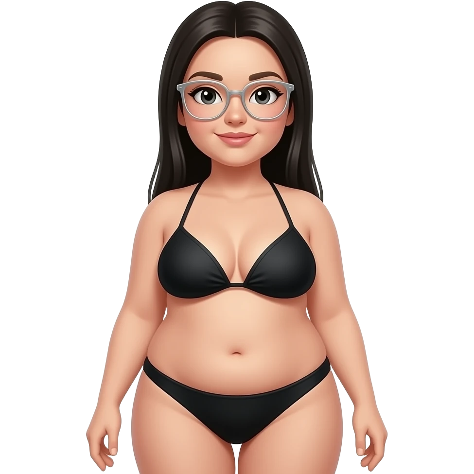 chubby woman with long stright black hair, silver thin framed glasses, black bikini belly rolls emoji