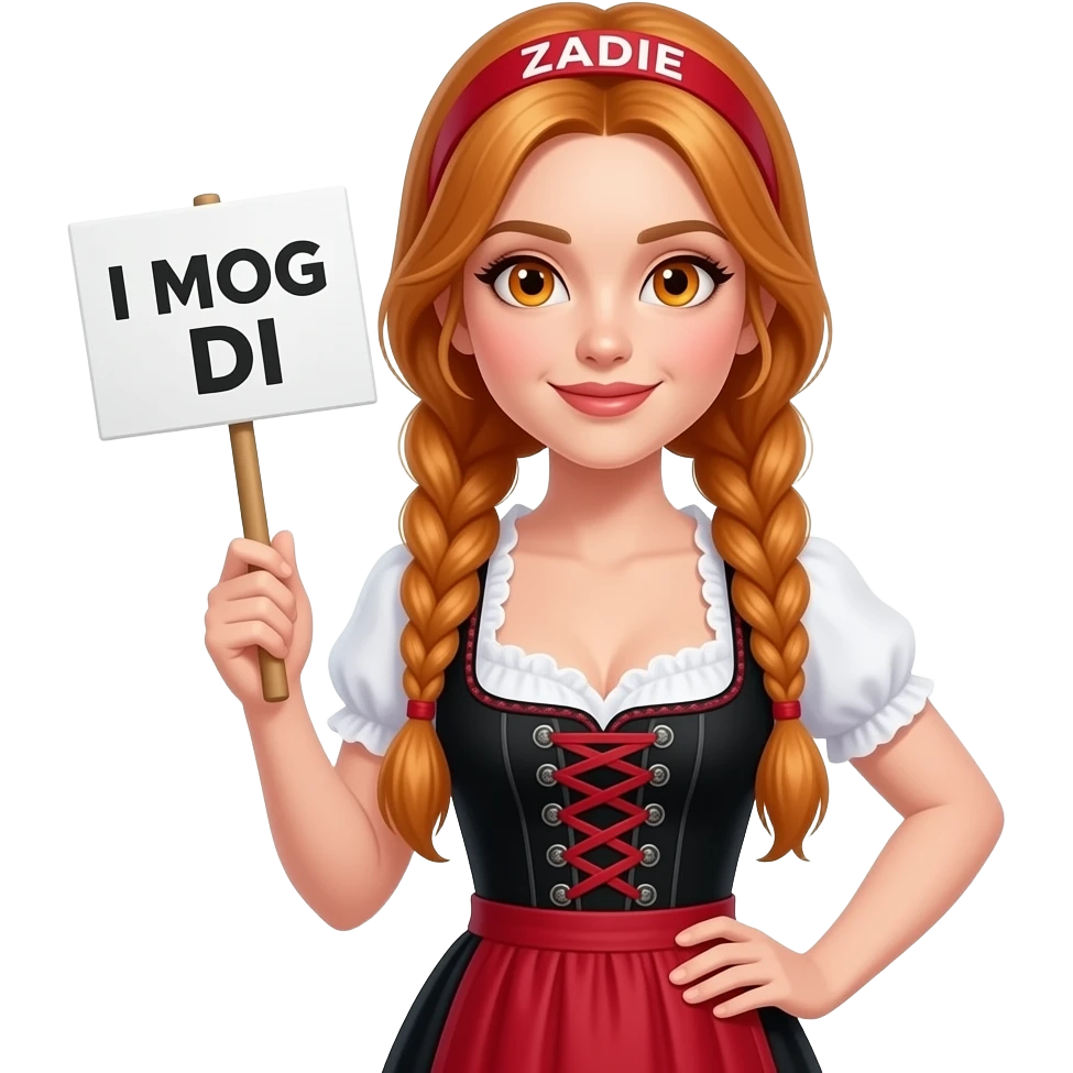 sexy girl with overlong ginger braids and ginger eyes wearing a black red dirndl and a red headband with ZADIE written on it, is holding a sign with I MOG DI written on it emoji