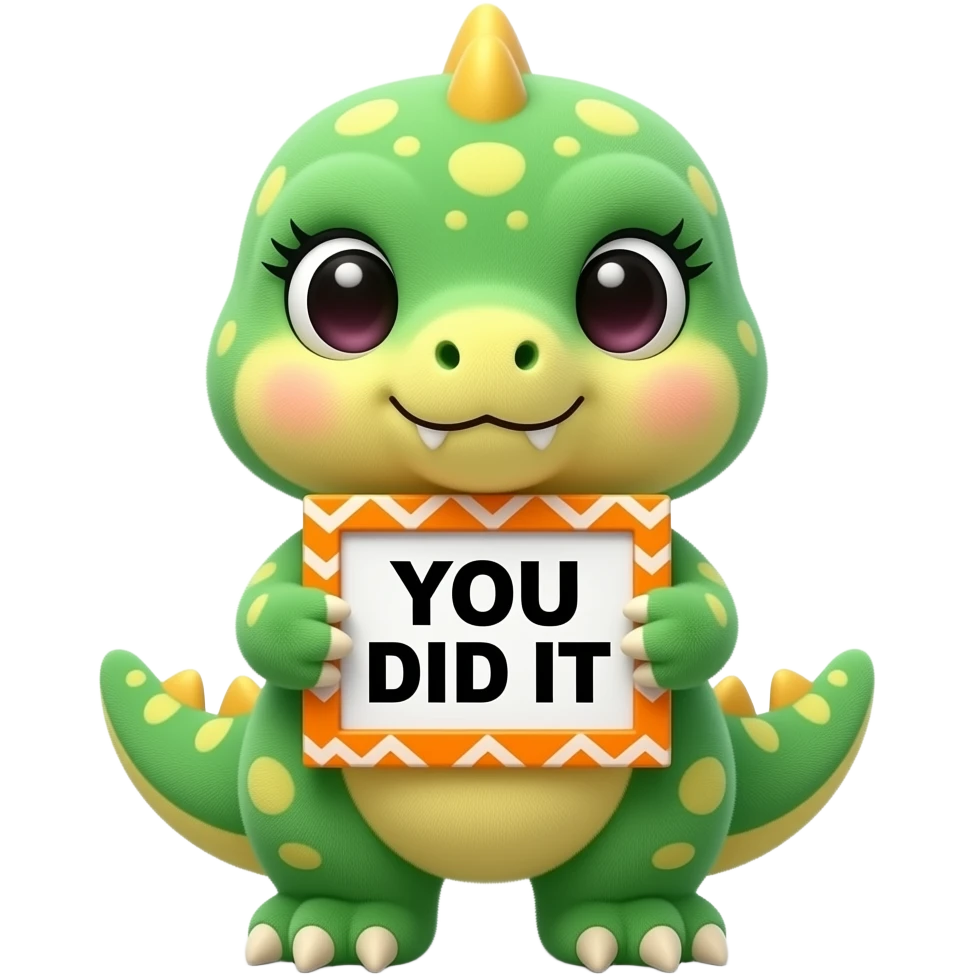 Create a super cute stuffed kawaii green and yellow gradient Animal which Looks Like a Tyrannosaurus rex with big eyes and long eyelashes holding a orange zig zag frame sign with in front of its chest that says in bold black font "YOU DID IT" emoji