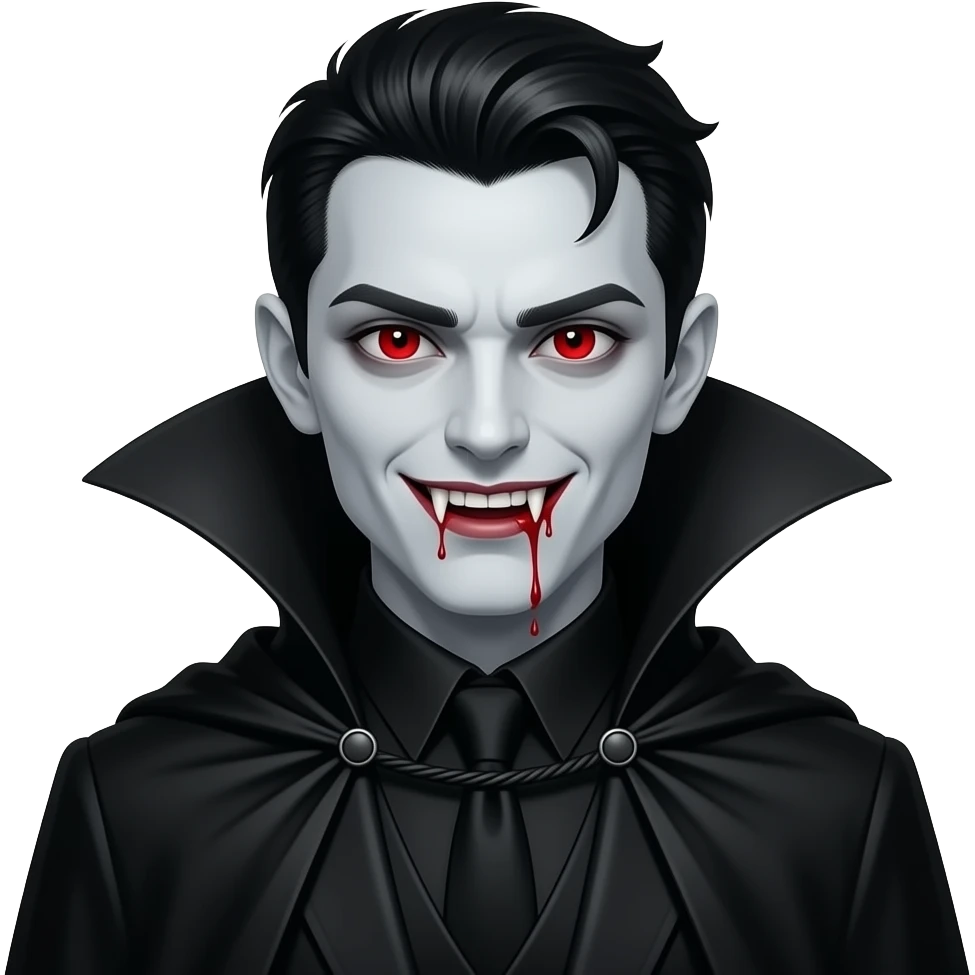 create a male vampire that is pale wearing a full black clothes with a black cape, make his eyes full red with a cat pupil and long fangs with blood on his mouth emoji