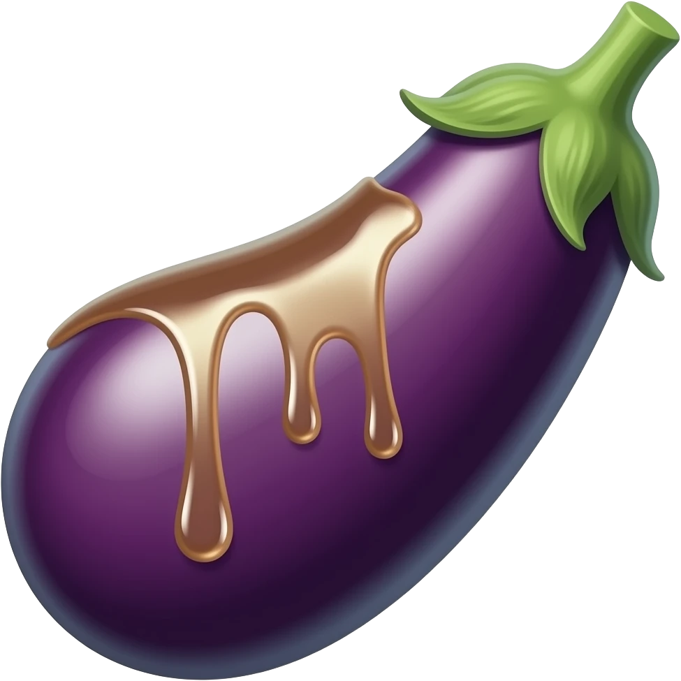 Auf der anderen Seite der Auberginen vom grünen Strunk ist ein Kondom über die Aubergine gezogen, es ist glänzend und tropft an der spitze emoji