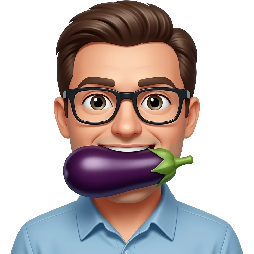 Brown hair guy with glasses with eggplant in mouth emoji