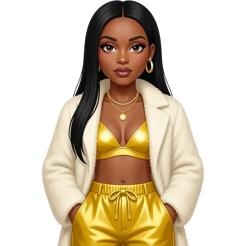 Rozonda Chilli Thomas from TLC with dark brown eyes, long black straight hair, ivory fur coat, butter yellow metallic bra, butter yellow metallic baggy pants, necklace and earrings emoji