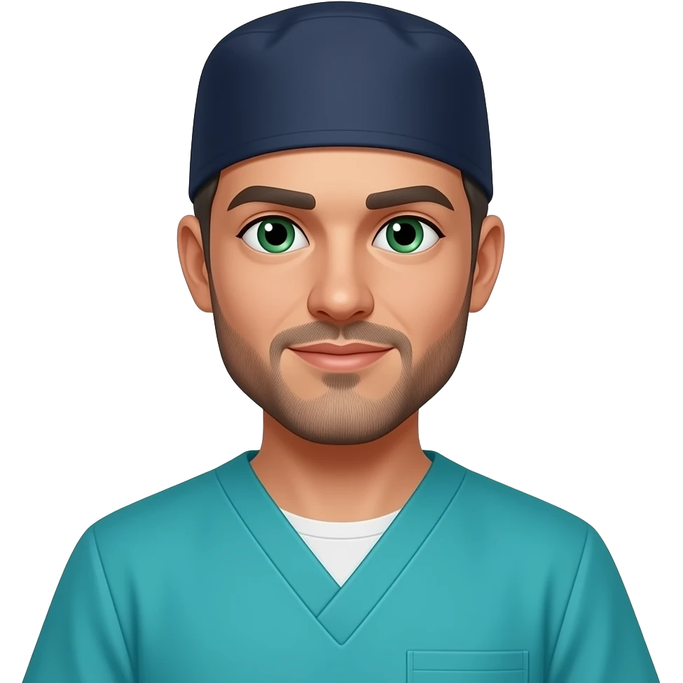 light skinned white doctor with dark gray hair, beard stubble and green eyes in dark navy scub cap, torquoise scrubs with no eyeware emoji