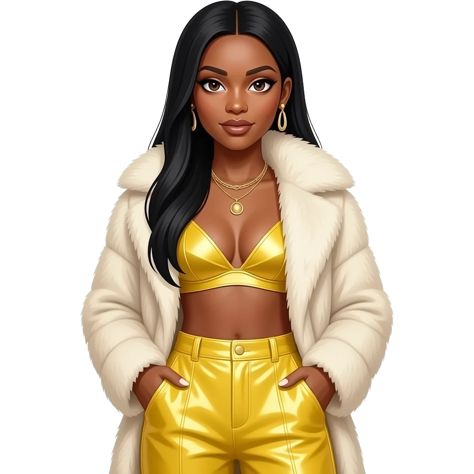 Rozonda Chilli Thomas from TLC with dark brown eyes, long black straight hair, ivory fur coat, butter yellow metallic bra, butter yellow metallic baggy pants, necklace and earrings emoji
