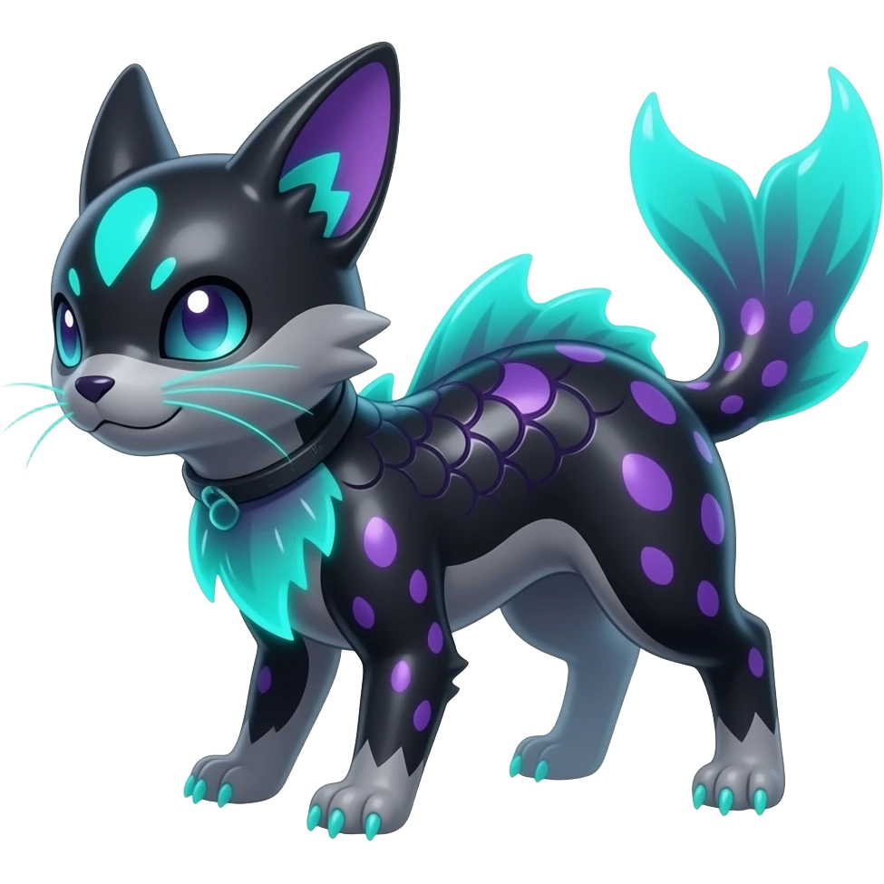 Realistic slim smooth oily shiny glossy elegant bioluminescent dull, scaly furry oil-blackish oily greyish, purplish, neon-cyan, back-finned, abyss-fantasy-Zorua-Vaporeon-Sprigatito-Absol-Lykoi-Civet-Fakémon-fusion, with thin neon-glowing bulb-whiskers, koi-piebald-flecked full body emoji