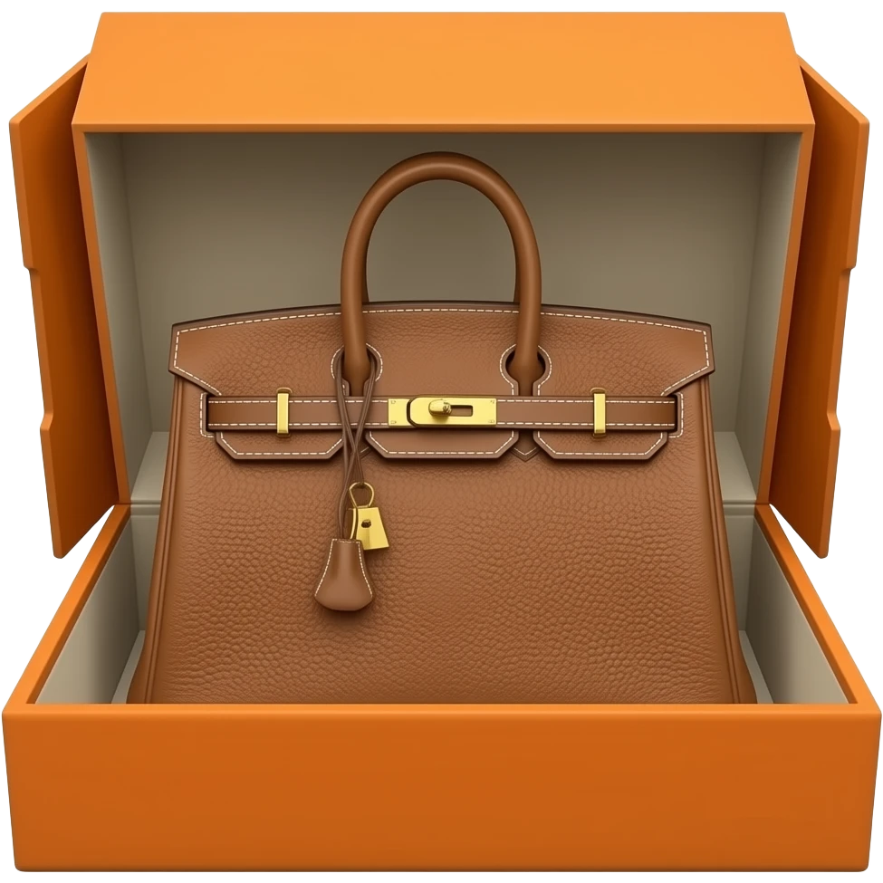 ультра реалистичная картонная оранжевая открытая коробка hermes в которой лежит новая сумка birkin коричневого цвета с золотой фурнитурой emoji