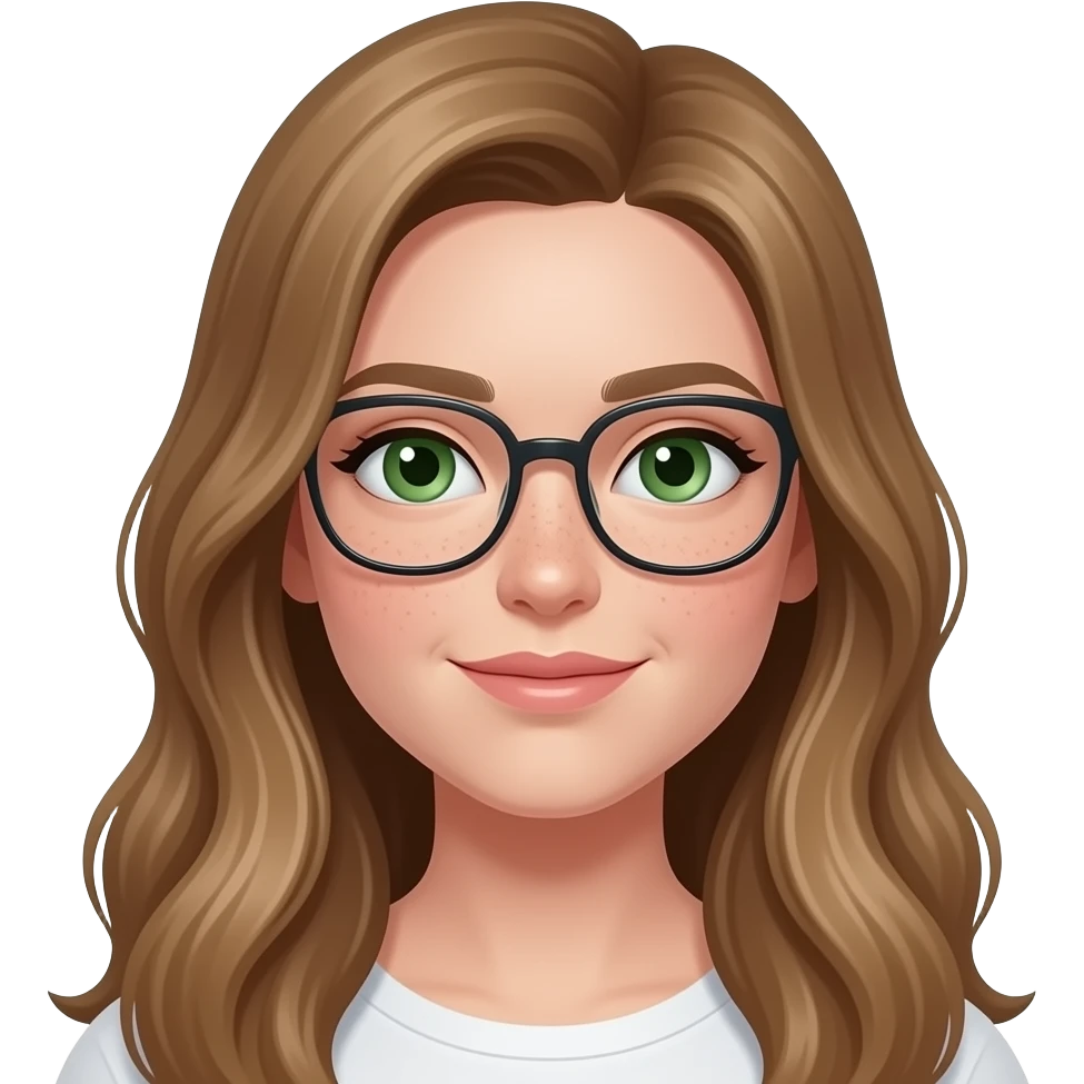 una cara con pecas. ojos verdes, cara blanca. con gafas bonitas pelo marron claromujer con pelo largo transparentes para ver. emoji
