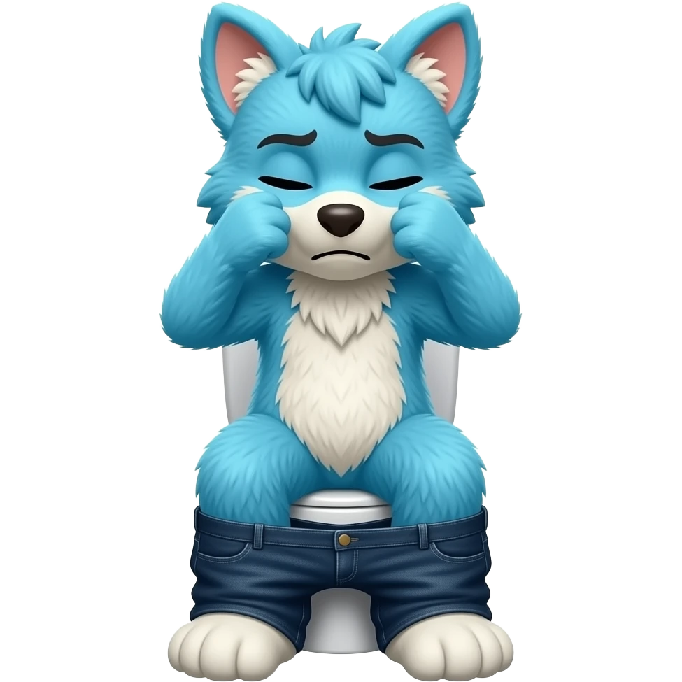 blue fursuit sitting on toilet, front view , pants down, pushing, eyes closed, straining face, emoji