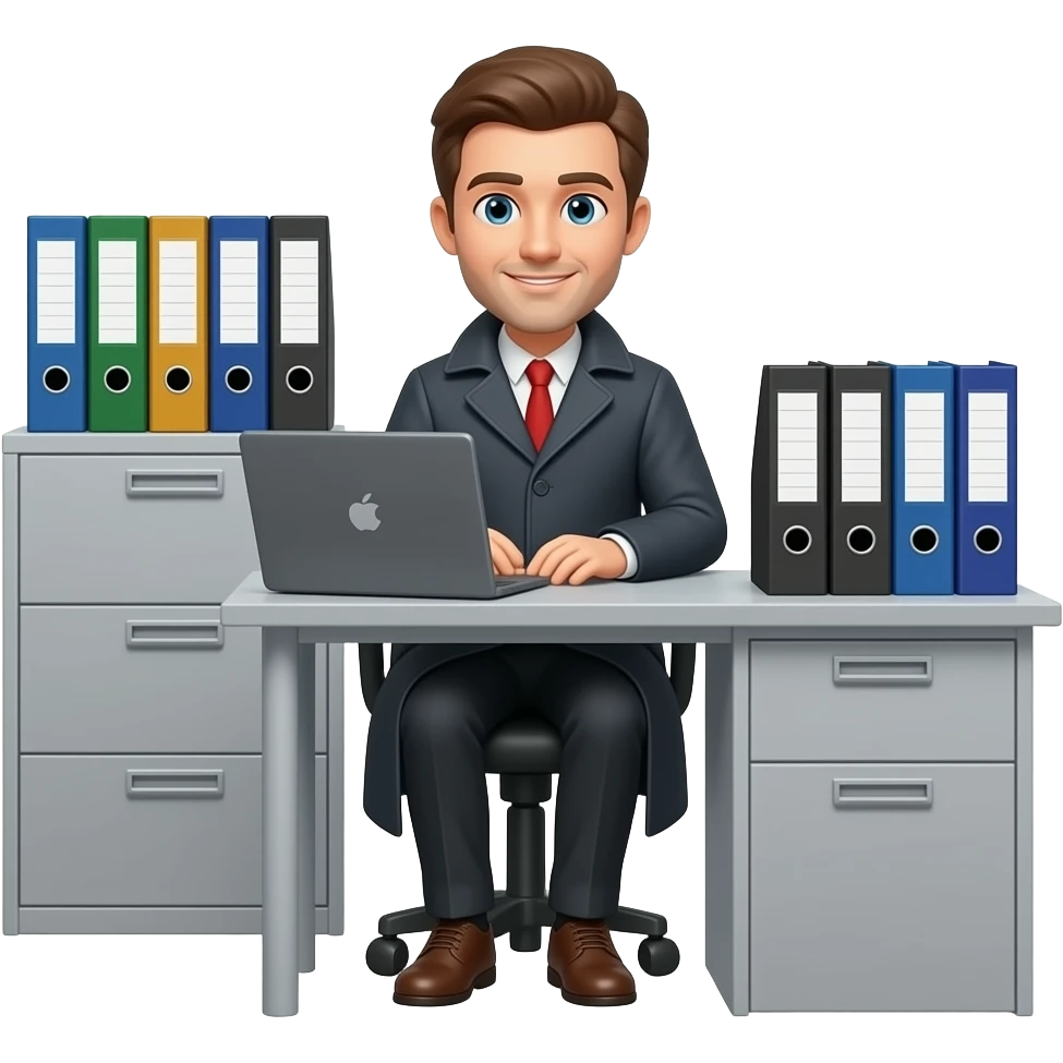 garments factory Office staff emojis working in the desk, he have a laptop, some files on his desk, a office cabinate will have behind him, waring cort and tie with gentle dress up emoji