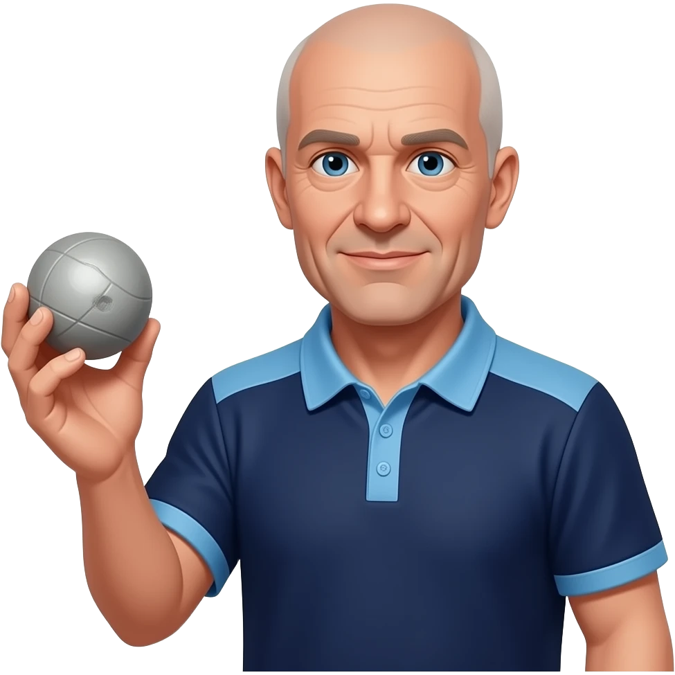 tête homme 60 ans yeux bleus complètement rasé avec boule de pétanque grise à la main sur maillot bleu foncé avec col trois boutons bleu clair et avec épaules seules bleu clair coté bras bleu foncé droit Pétanque LIVERDUN, côté gauche "Péridon paysage" emoji