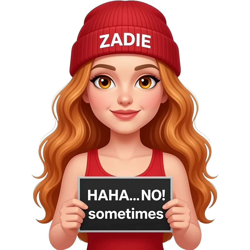 sexy girl with overlong wavy ginger hair and ginger eyes wearing a red tanktop and a red beanie with ZADIE written on it, is holding a black sign with HAHA... NO! sometimes written on it emoji