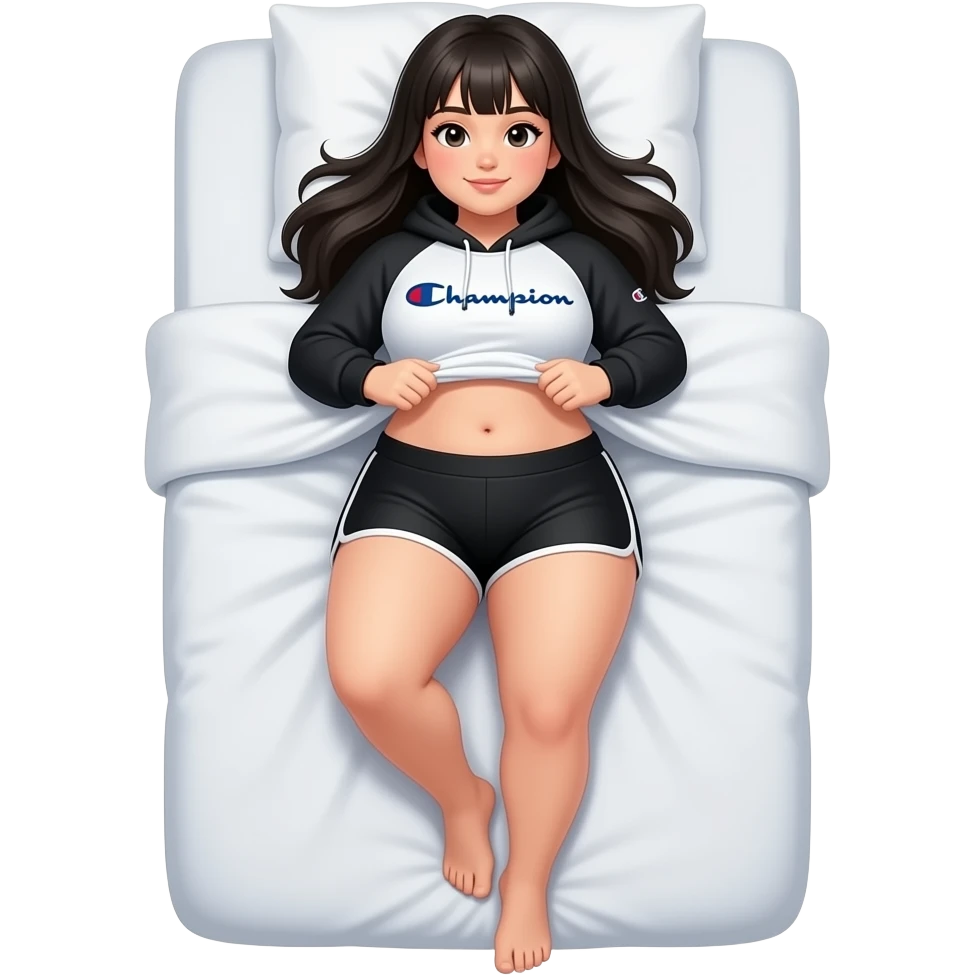 White girl with long black hair, black and white cropped champion hoodie with black arm sleeves, black high shorts, and a bit of a chubby body lifting her shirt to show her belly laying down on on the pillow to bed to show feet emoji
