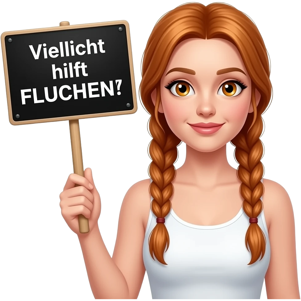 sexy girl with long ginger braids and ginger eyes wearing a white tanktop is holding a black sign with Vielleicht hilft FLUCHEN! written on it emoji