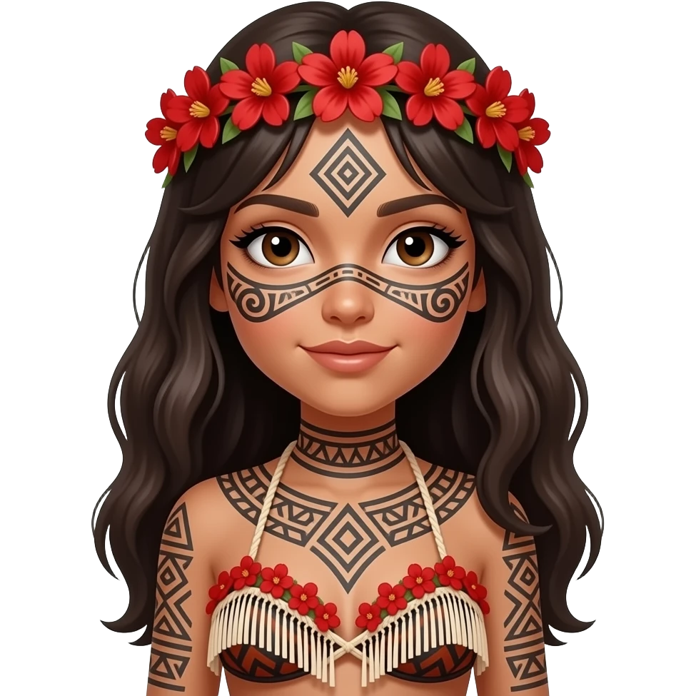 NOIA AMB COS SENCER AMB TATUATGES A LA CARA DE LA TRIBU EMBERA DRUA AMB UN SOSTENS DE FIL, UNA DIADEMA DE FLORS VERMELLES IGUAL QUE EL TOP I UNA FALDILLA DE FIL CURTA emoji