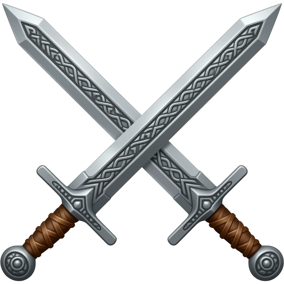 two swords in an X pattern, right over left, left under right, right sword on top,   with ornate norse engraving, wooden handles with leather straps emoji